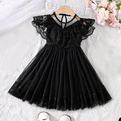 2024 Summer New Arrival Girls Lace Tulle Dress Sleeveless O Neck Lace Black Designer Cute Party Princess Dresses Custume 2-6T