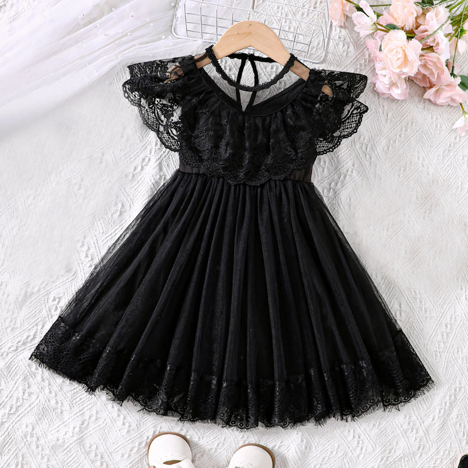 2025 Summer New Arrival Girls Lace Tulle Dress Sleeveless O Neck Lace Black Designer Cute Party Princess Dresses Custume 2-6T