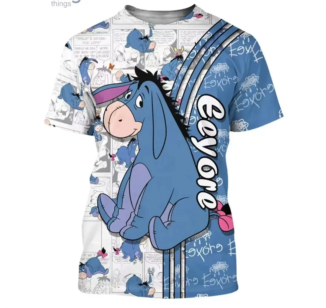 Disney-T-shirt Matkey Cross Blue Eeyore pour hommes et femmes, motifs de bandes dessinées, dessin animé 3D