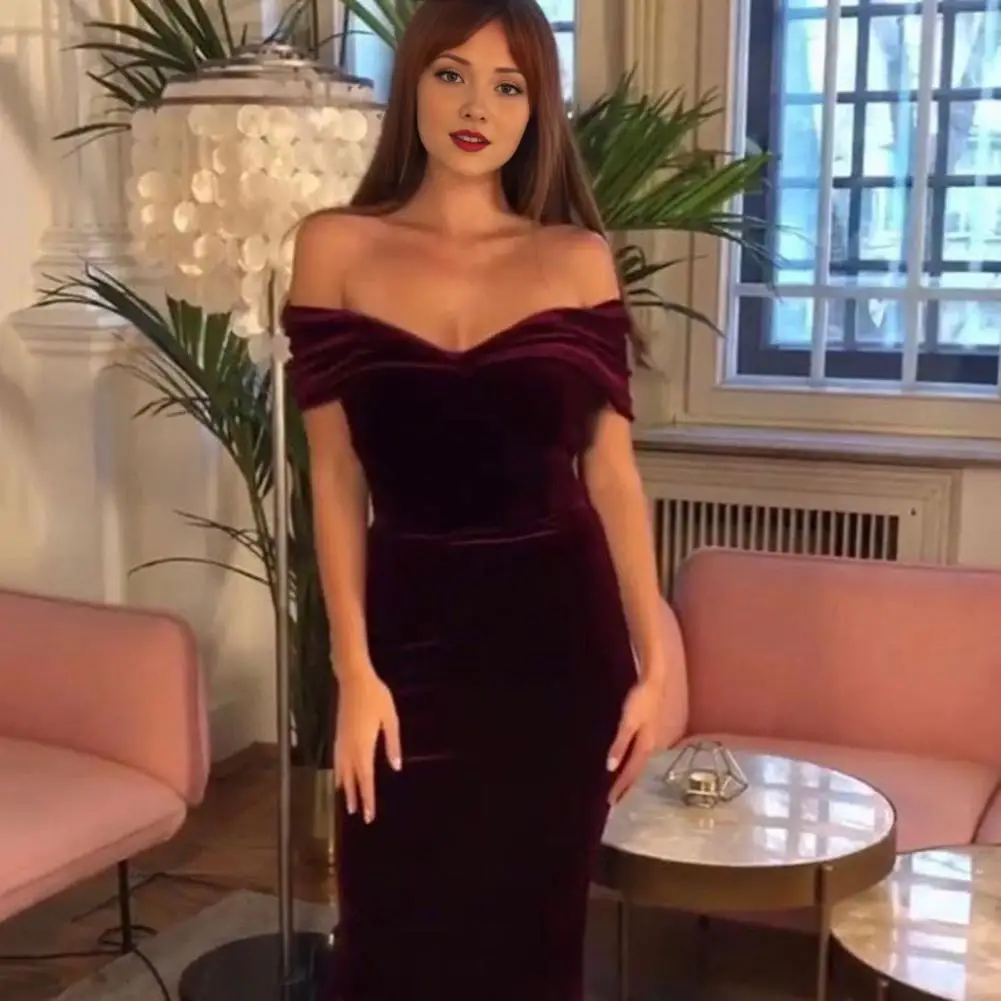 Off-the-shoulder Dress Elegant Velvet Sheath Evening Dress Off Shoulder Backless for Cocktail Parties Proms Sumer Evening Dress