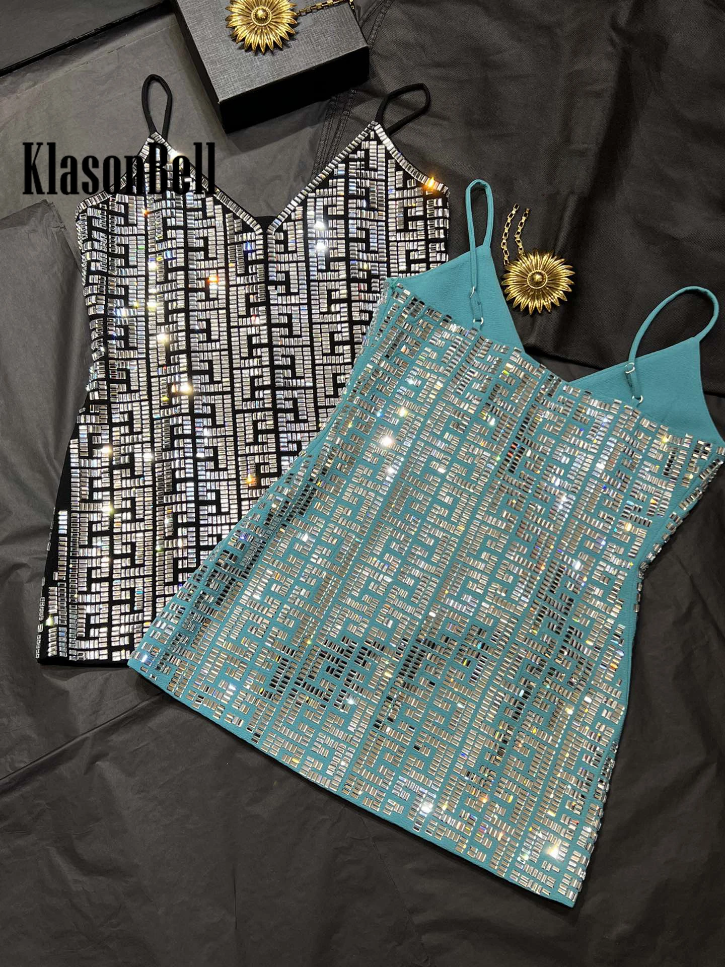 Imagem -04 - Klasonbell-camisola de Alças em v para Mulheres Temperamento Indústria Pesada Bling Bling Diamantes Geométricos Crystal Spaghetti Strap 12.5