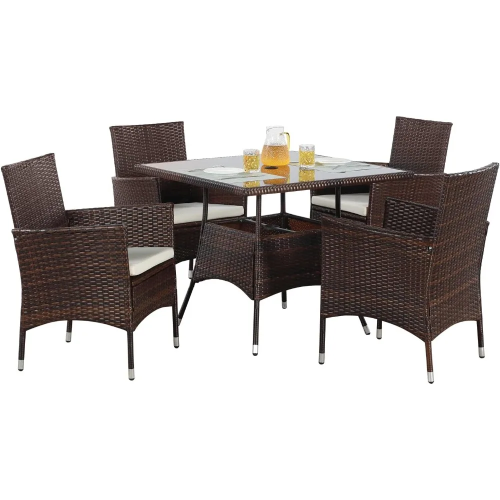 

5-Piece Wicker Outdoor Table and Chairs, Patio Dining Set w/Square Glass Tabletop and Umbrella Hole, Patio Table and Chairs Set