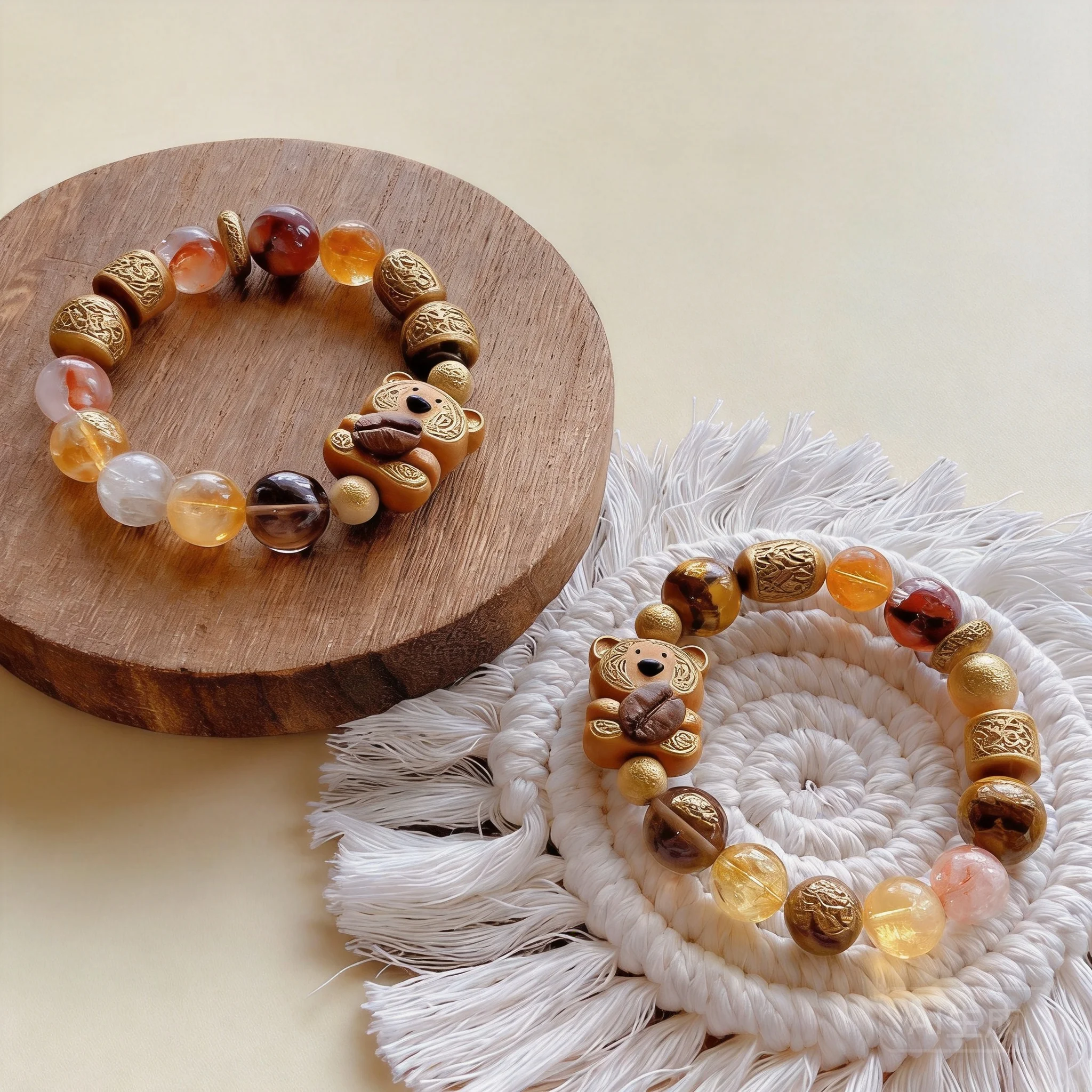 Chinese Style Lucky Fortune Attracting Tiger Eye Stone Agarwood Ice Obsidian Peach Wood Crystal Cute Coffee Bear Beaded Bracelet