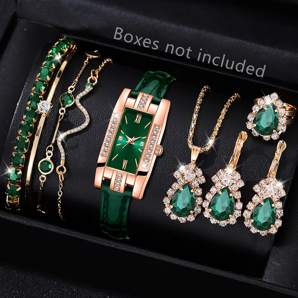 9PCS Green Women's Watch Set Trendy Fashion Rectangular Dial Quartz Watch Bracelet Necklace Earrings Set Holiday Gift