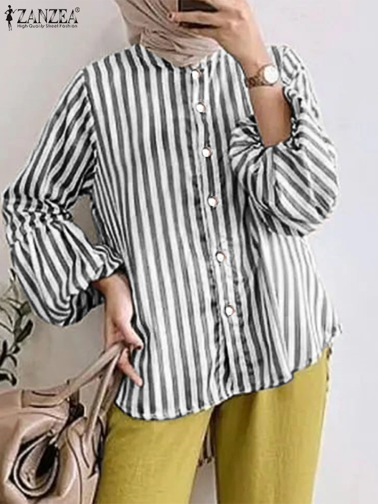 ZANZEA O Neck Fall 2024 Camisas Striped Muslim Hijab Casual Loose Women Shirts Islamic High-Low Lantern Sleeve Blouses Tops