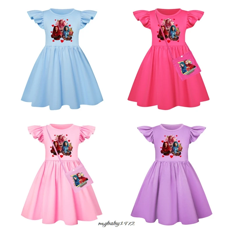 Hot Descendants 4 Baby Girl Dresses Kids Clothes Cosplay Costume Children's Fly Sleeve Casual Dress With Small Bag Best Gift