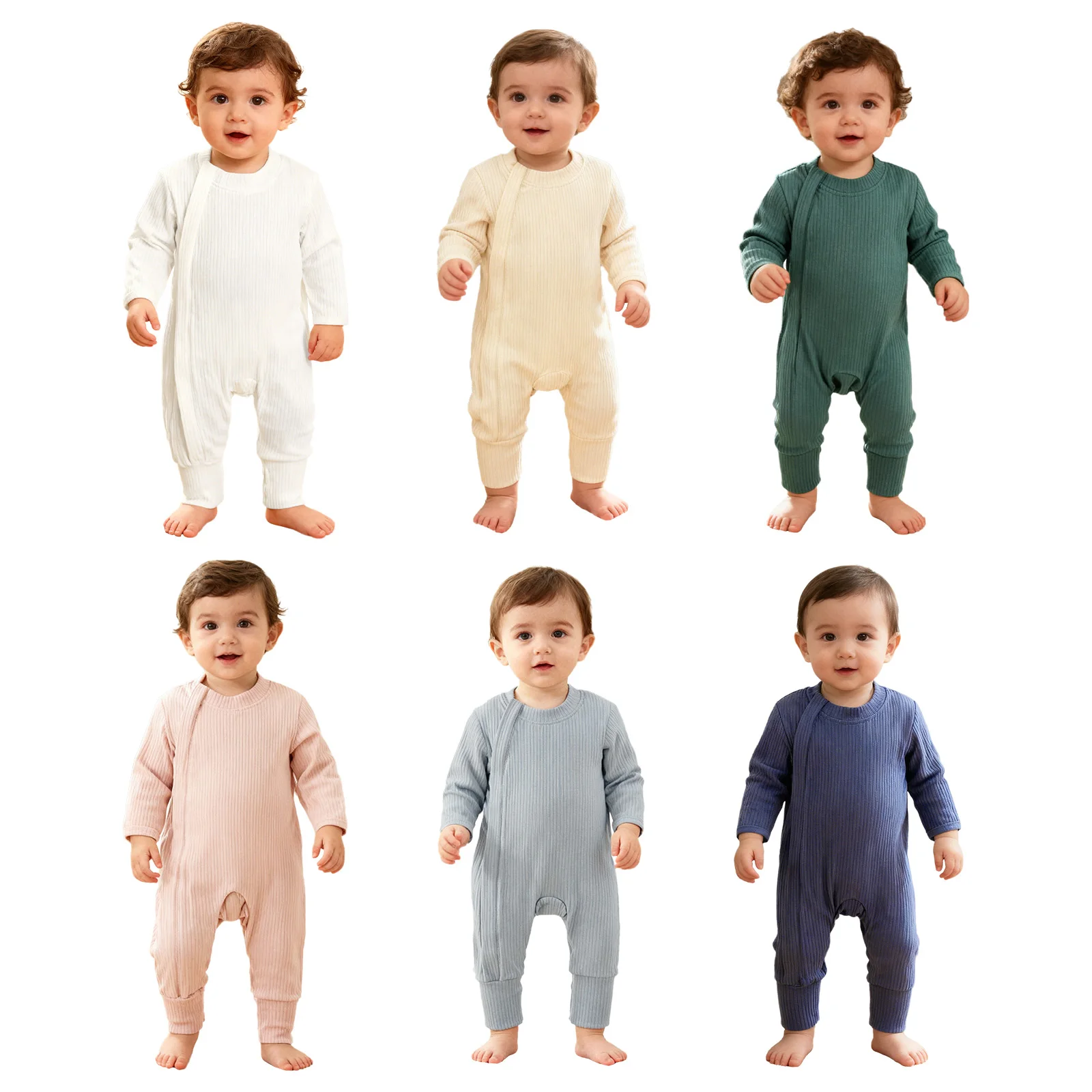 بيجامة بأكمام طويلة للربيع والخريف للأطفال الصغار من الأولاد والبنات ملابس منزلية ملابس نوم بلون سادة وسحاب مضلع