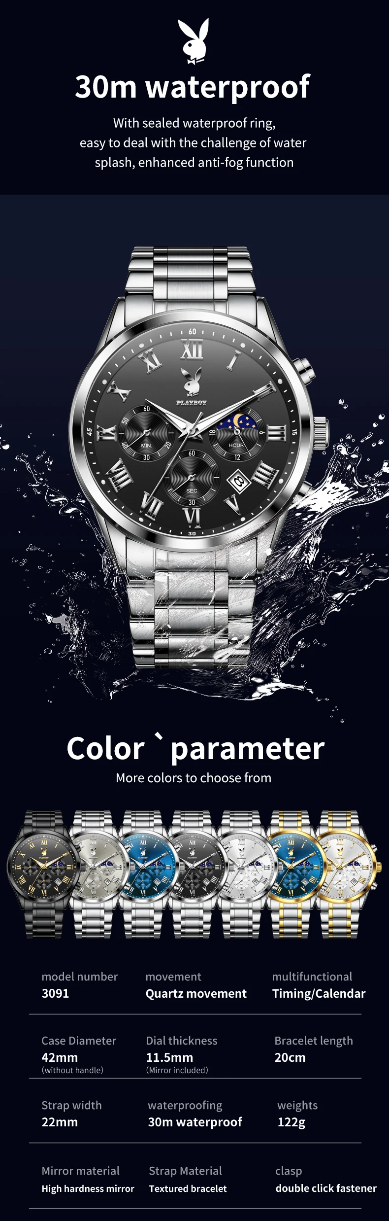 PLAYBOY 3091 Brand original authentic watches for man luxury Gift Box Steel band multifunctional quartz men's watch