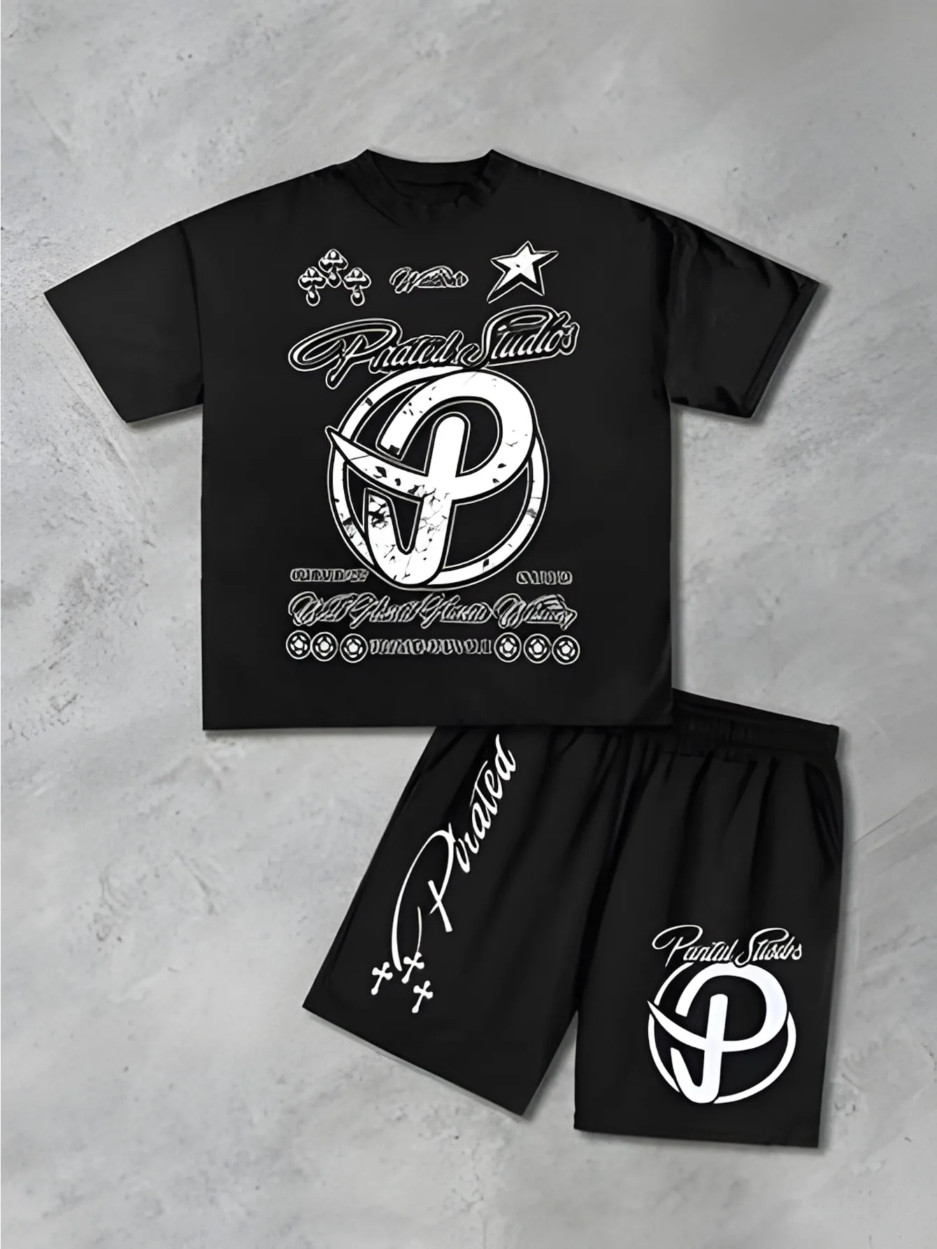 

Men's American-Style High-Street Printed Short-Sleeve T-Shirt Set: Trendy Casual Sports Two-Piece Set
