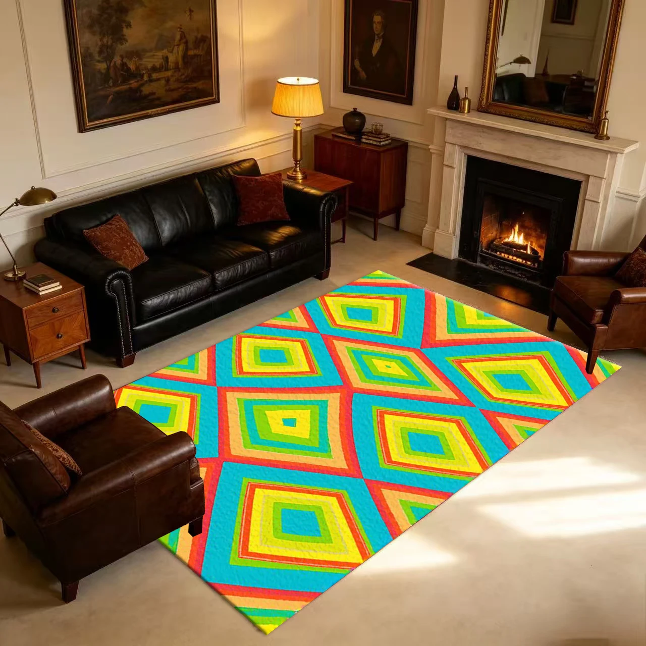 Bright and Colorful Diamond-Shaped Geometric Pattern Seamless Carpet Floor Non-Slip Mat