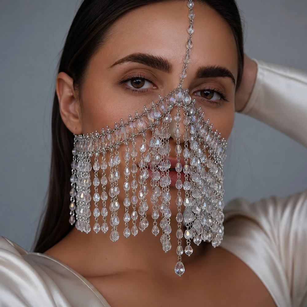 Exotic Crystal Tassel Face Chain Mask Belly Dance Cosplay Decoration Exaggerated Masquerade Rhinestone Mask Veil Party Jewelry