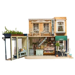 DIY Large Coffee House Wooden Dollhouse Miniature With Furniture Kit Doll Houses Assemble Toys for Children Christmas Gift Casa