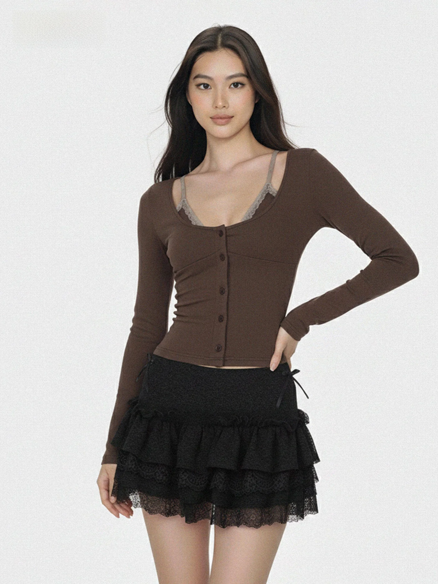 

WAEW винтажная коричневая многослойная кружевная лоскутная футболка U-Ne для похудения, длинный топ све, женский модный весенний сезон с высокой талией