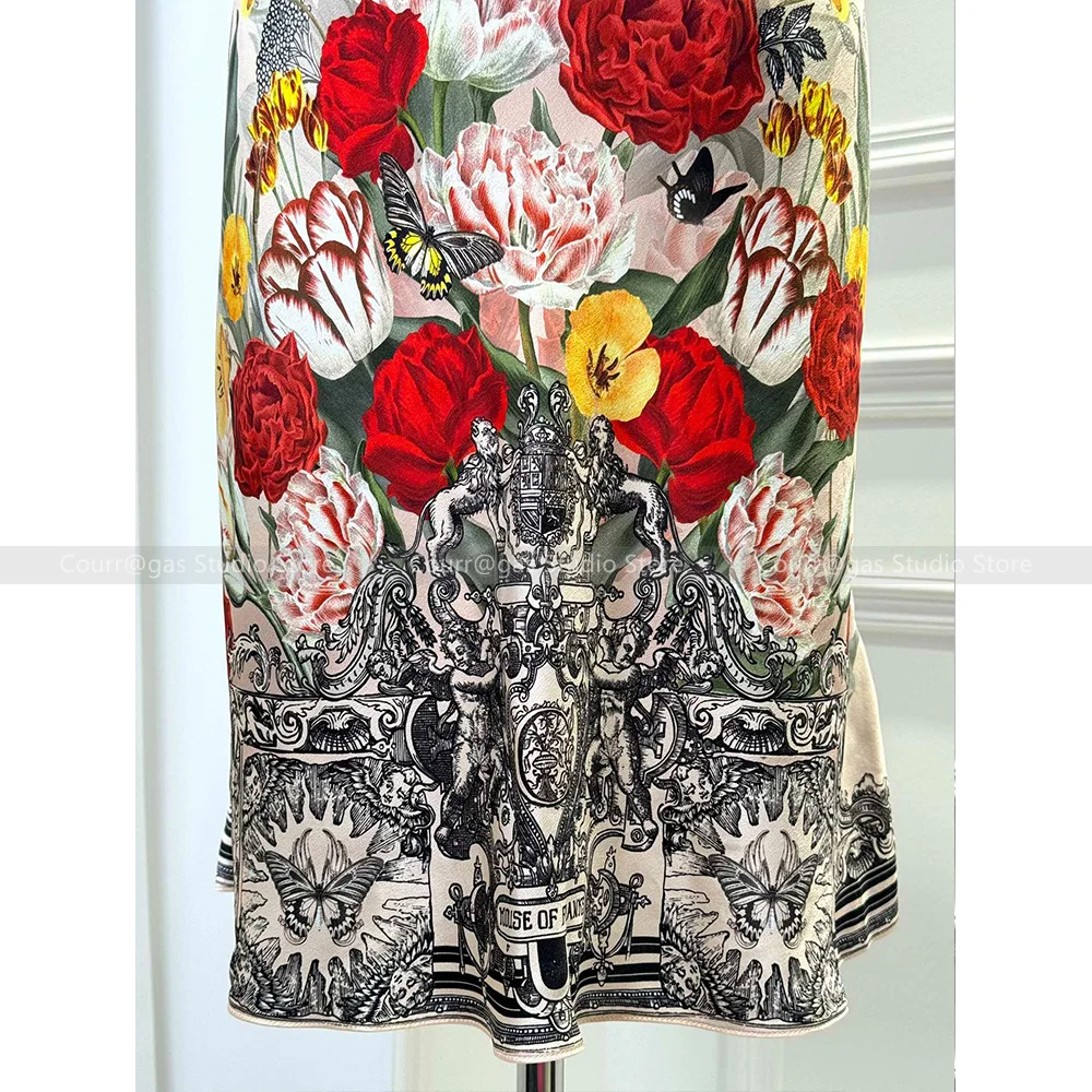 Australian niche noblewoman silk V-neck waisted printed holiday style skirt dress