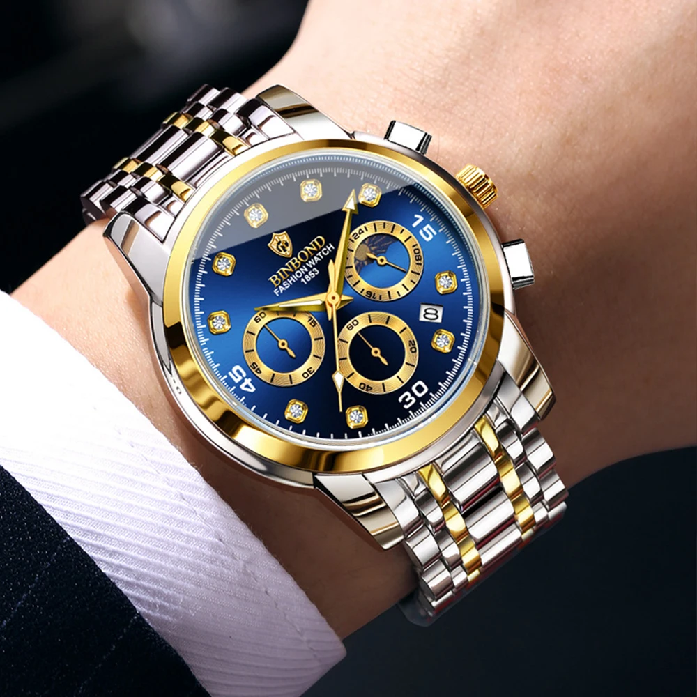 BINBOND Men's Watches Business Fashion Multifunctional Chronograph Moon Phase Date Waterproof Luminous Original Quartz Watch New