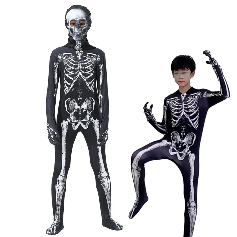 2023 Scary Zombie Costumes Mr Bone Kids Skeleton Costumes Cosplay Purim Halloween Costumes Front and Back Skeleton Bone Printing