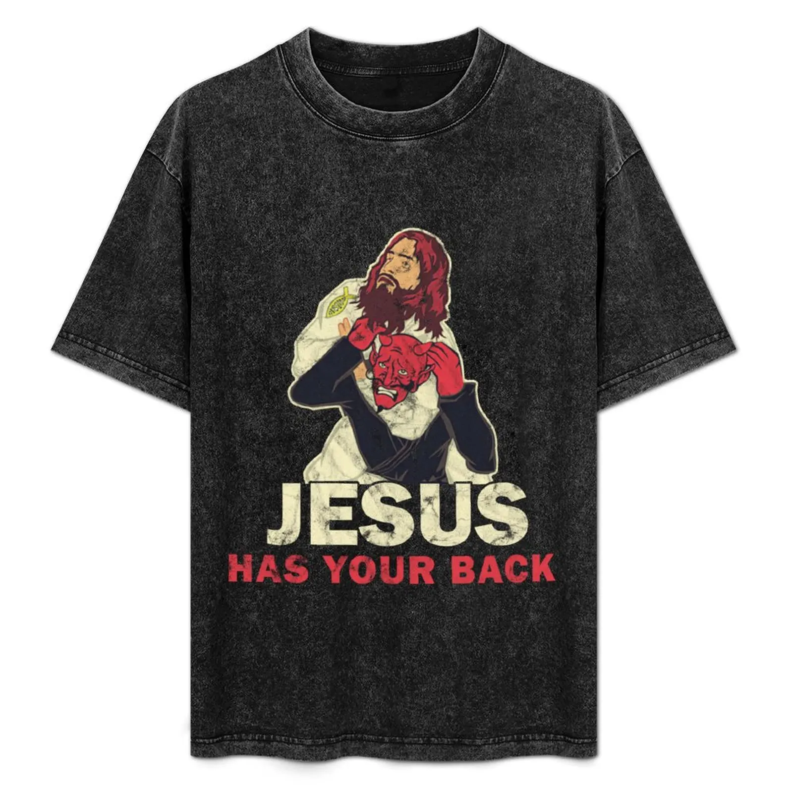 

Jesus Has Your Back God Demon Vintage T-Shirt summer clothes Short sleeve tee summer top Men's clothing