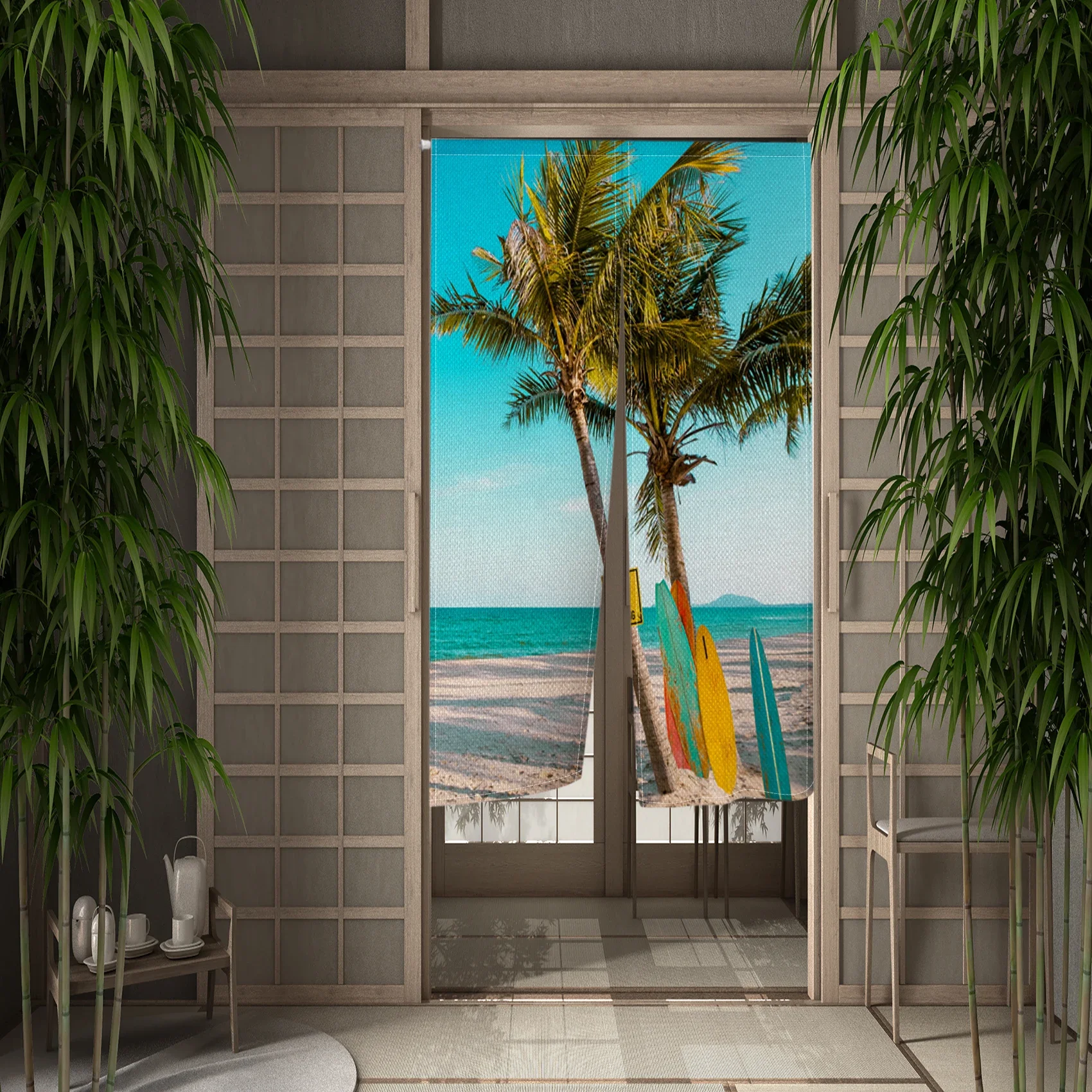 Summer Seaside Blue Sky Door Curtain White Cloud Palm Tree Japanese Curtain Kitchen Bedroom Partition Decor Hanging Half Curtain