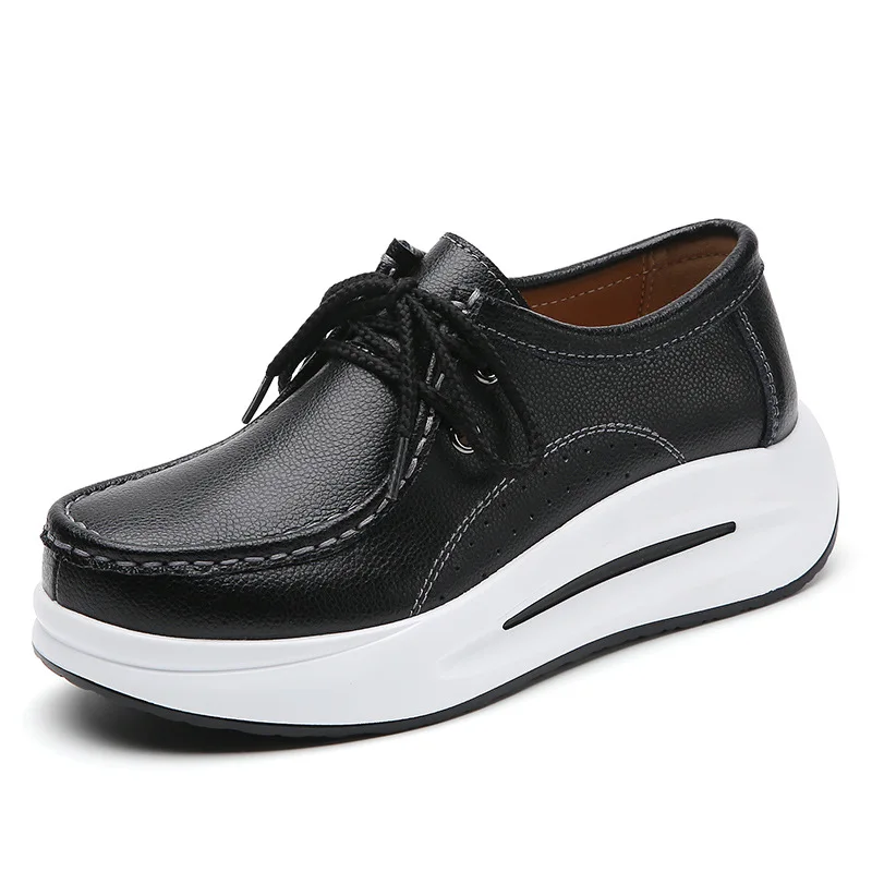 Women's Shoes High Quality Leather Casual Shoes Lace Up Wedges Platform Shoes Womens Rocking Shoe Large Size 42 Zapatos De Mujer