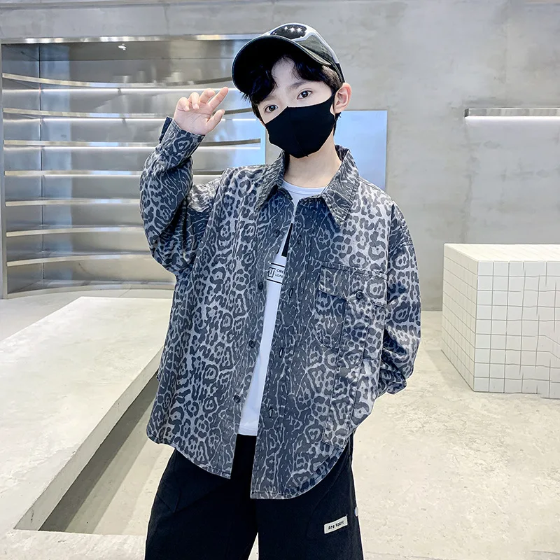 

Boys Grey Leopard Print Shirt For Kids High Fashion Outerwear Blouse Age 5 6 7 8 9 10 11 12 13 14 Years Child Spring Clothing