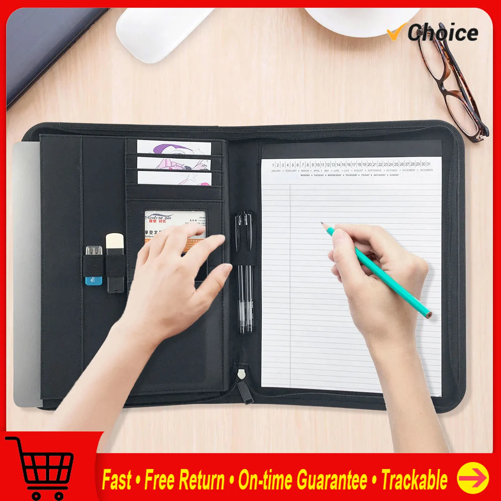 

Бизнес-органайзер Bisofice на молнии A4, органайзер для портфеля из искусственной кожи для интервью, планировщик документов, держатель для повестки дня