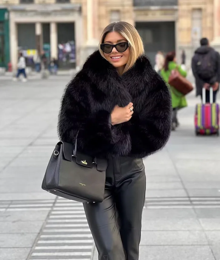 ふわふわワイドラペル黒ショートフェイクファージャケットファッションフルスリーブオーバーサイズクロップドジャケット2025冬新作ハイストリートアウターウェア