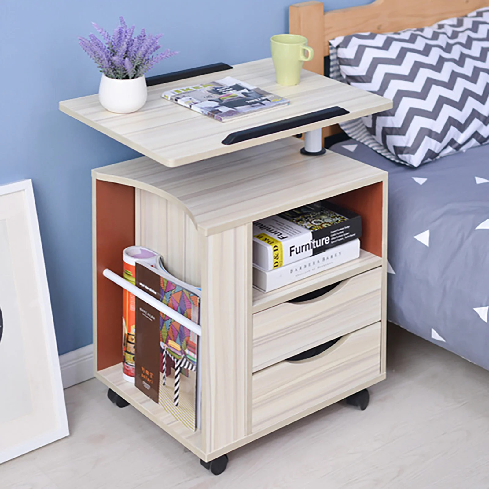 

2 Drawer Adjustable Mobile Swivel Bedside Table Cabinet Nightstand Storage with Wheels