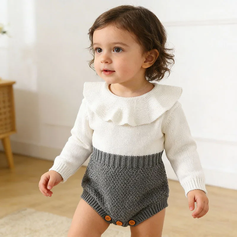 Spring Autumn Baby Girl Clothes Jumpsuits Knitted Sweet Sweater Romper Pantsuit with Collar for Crawling Outdoors Baby Clothing