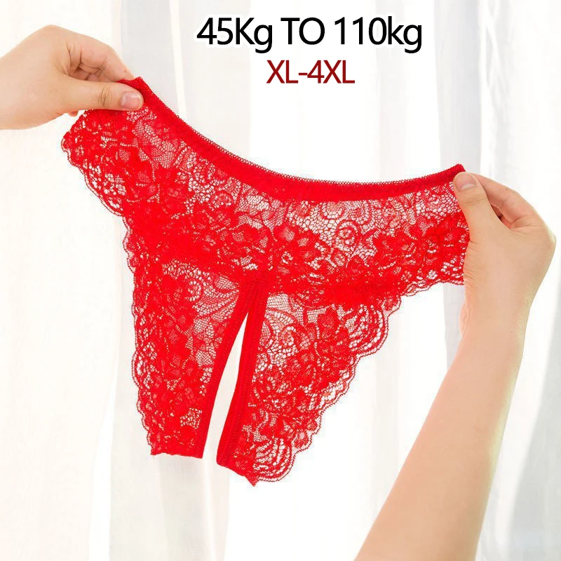 Bragas de entrepierna abierta para mujer, ropa interior Sexy de encaje transparente, lencería de estiramiento de talla grande, 1 piezas