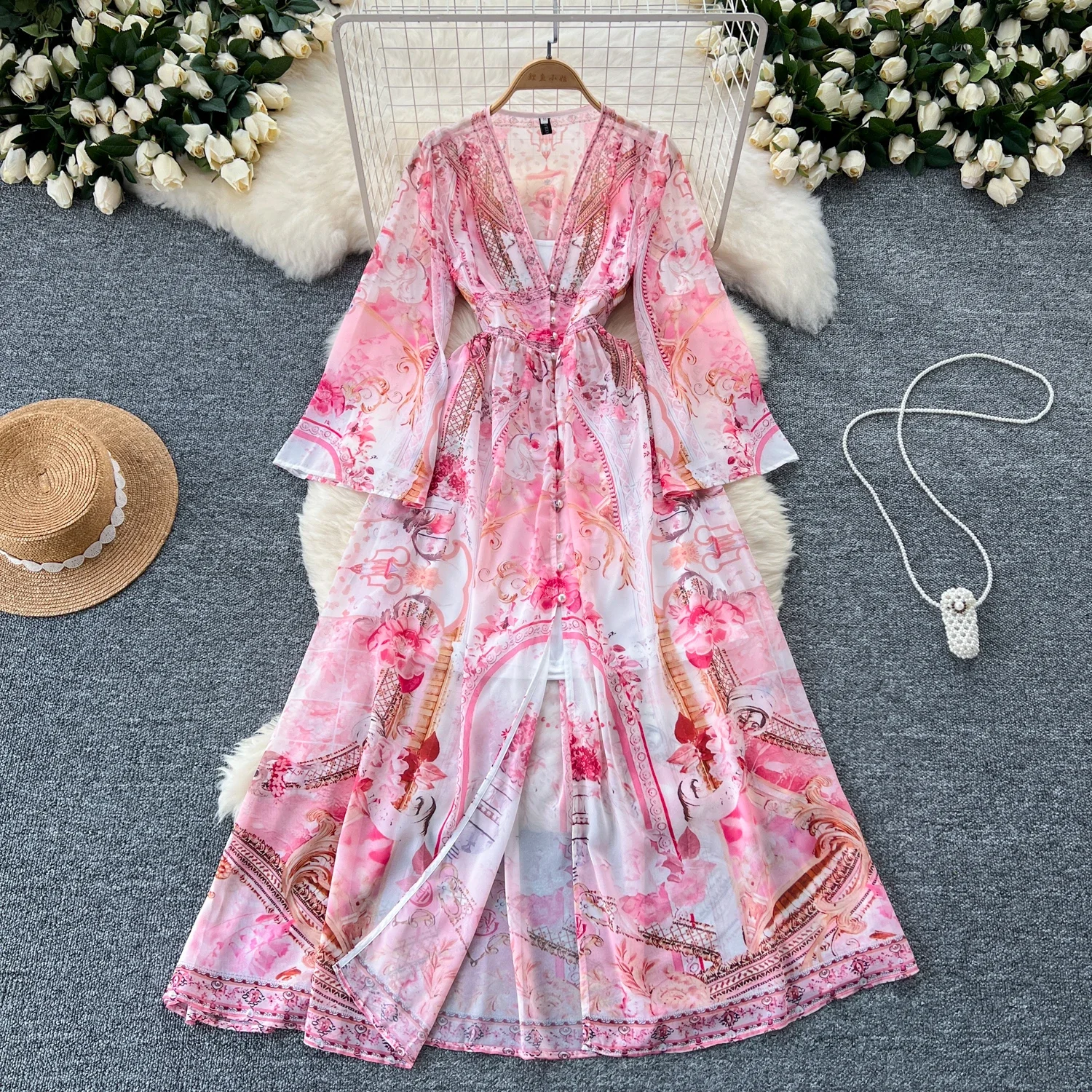 Sexy Chic V Neck Flare Long Sleeve Print Split Dress Elegant Korean Fashion Slim Summer Vintage Dresses