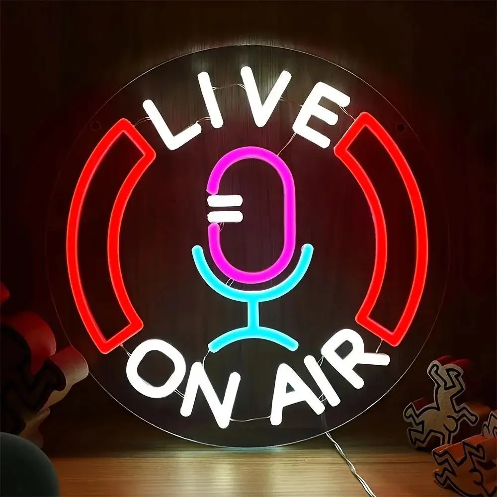Live On Air Neon Sign Microphone Podcast LED Wall Art USB Powered Gaming Streaming Studio Broadcasting Room Decor Gift