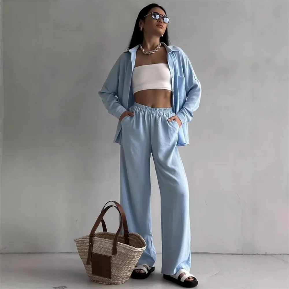 

Casual Long-sleeved Shirt Women Trousers Suits Fashion Loose Cardigan + Wide-leg Trousers 2-piece Set Ladies Lazy Home Clothes