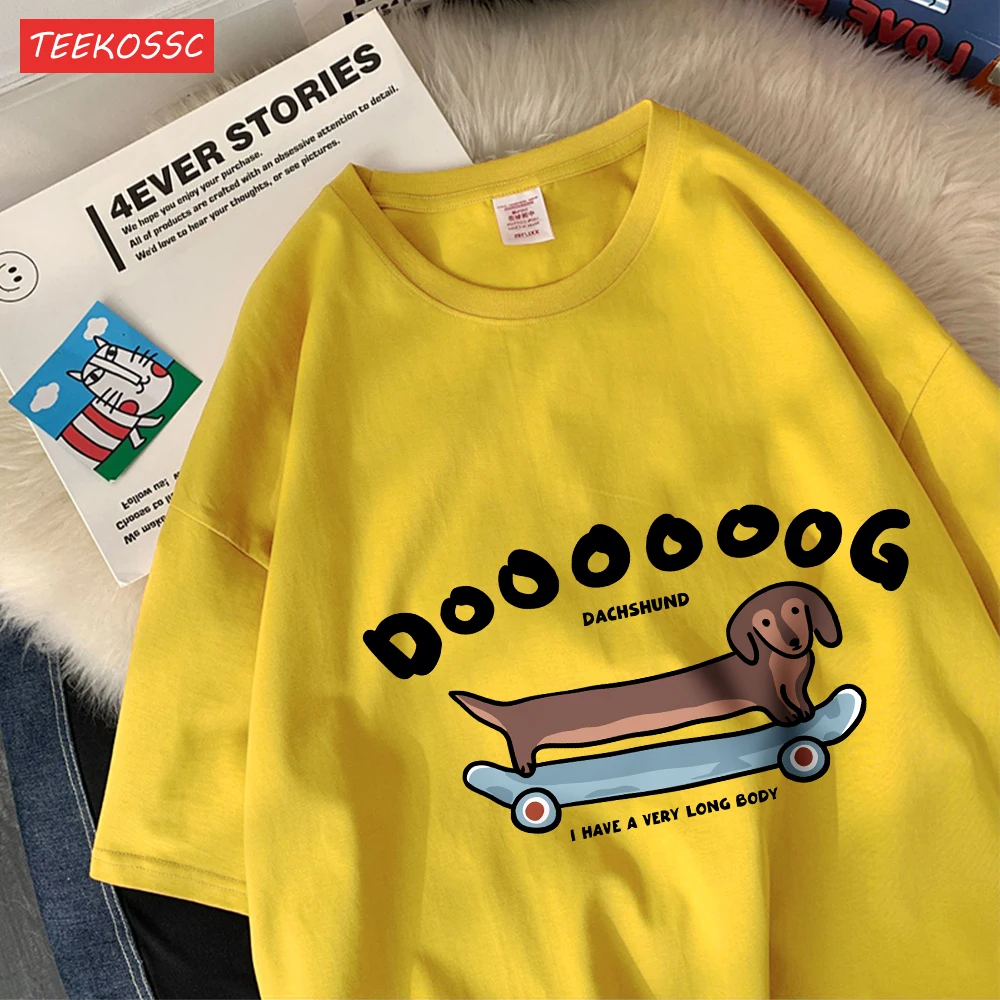 Ein langer Hund ist ein langer Skateboard aus Baumwolle, Damen-T-Shirts, Cartoons, bedruckt, Oberteile, O-Ausschnitt, weiches Oversize-T-Shirt, Sommerkleidung