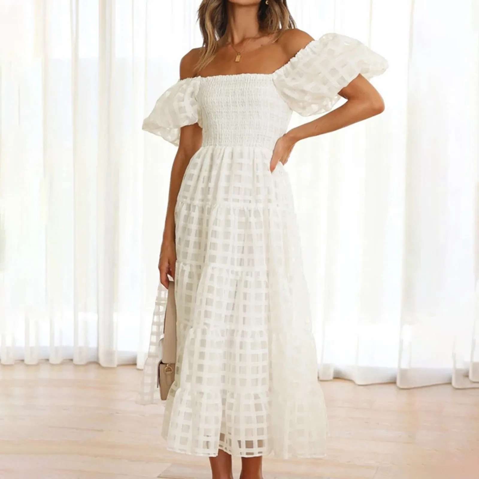 

Women White Casual Swing Party Dress Fashion Square Collar Puff Sleeve Maxi Dress Ladies Hollow Out Check Pattern Dresses