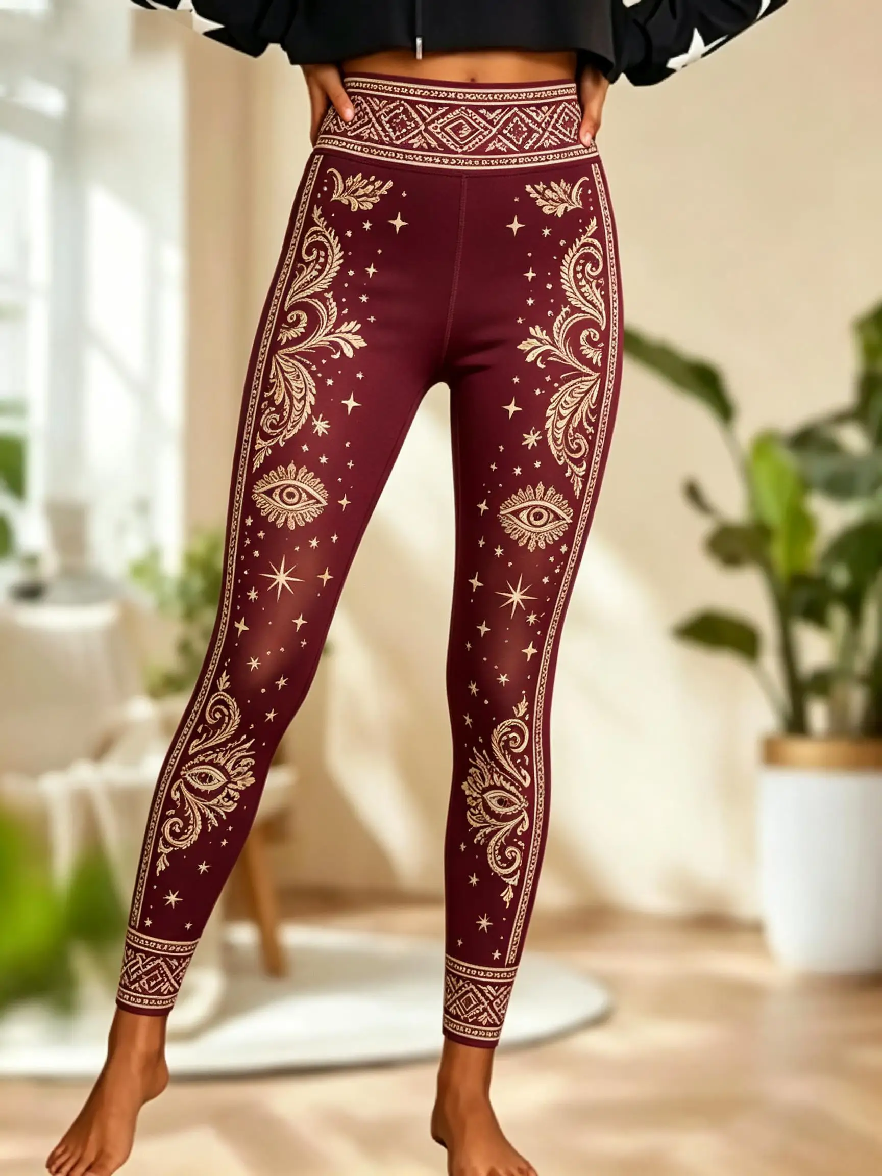Women Fleece‑lined Mid‑rise Leggings Celestial Starry Sky Mountain Tribal Waistband Full‑leg Print Slim Stretch  Casual Pants