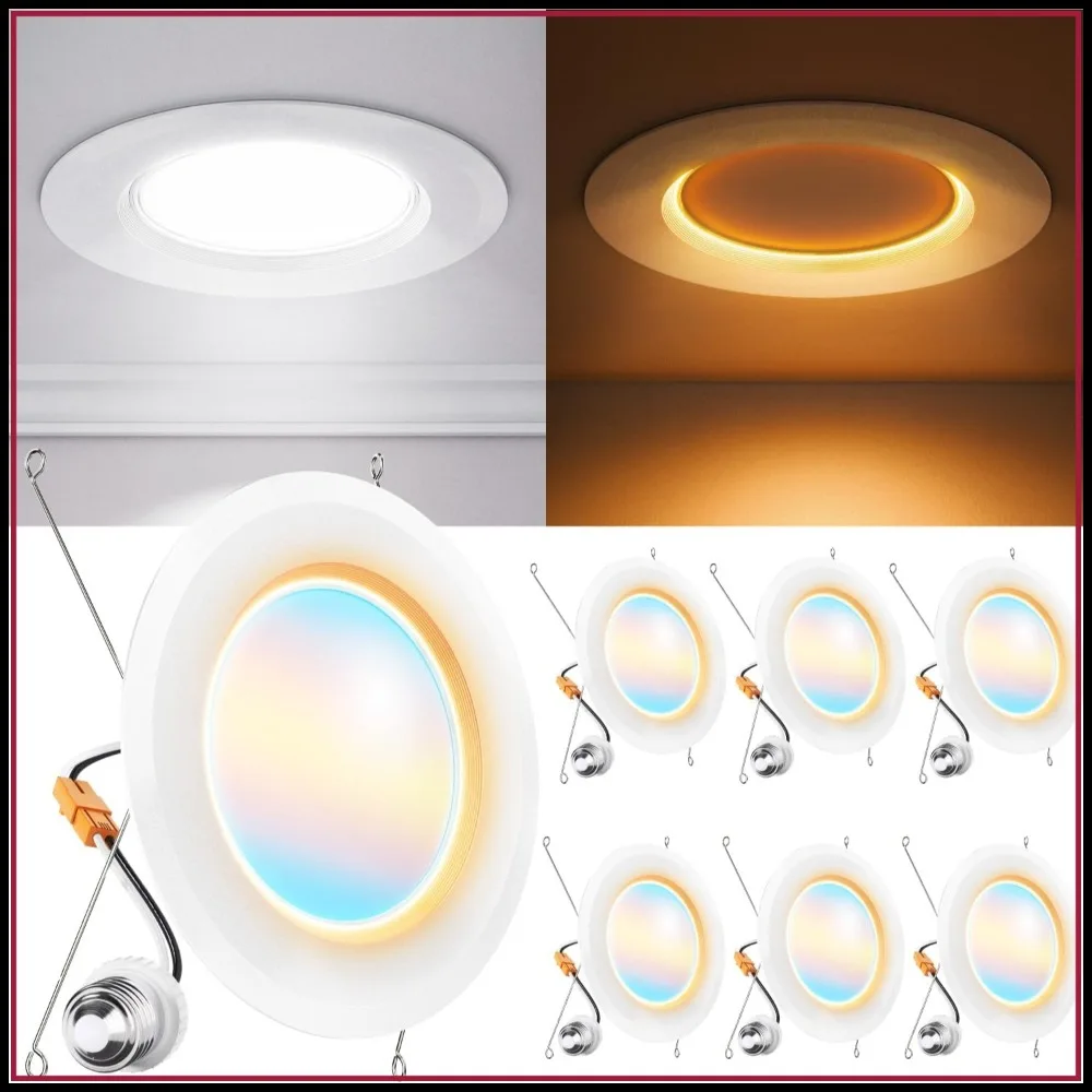 

6 Pack 6 Inch LED Retrofit Night Light Recessed Downlight, 1000 Lumens, CCT Selectable 2700K-6000K, 12W Dimmable Ceiling Light