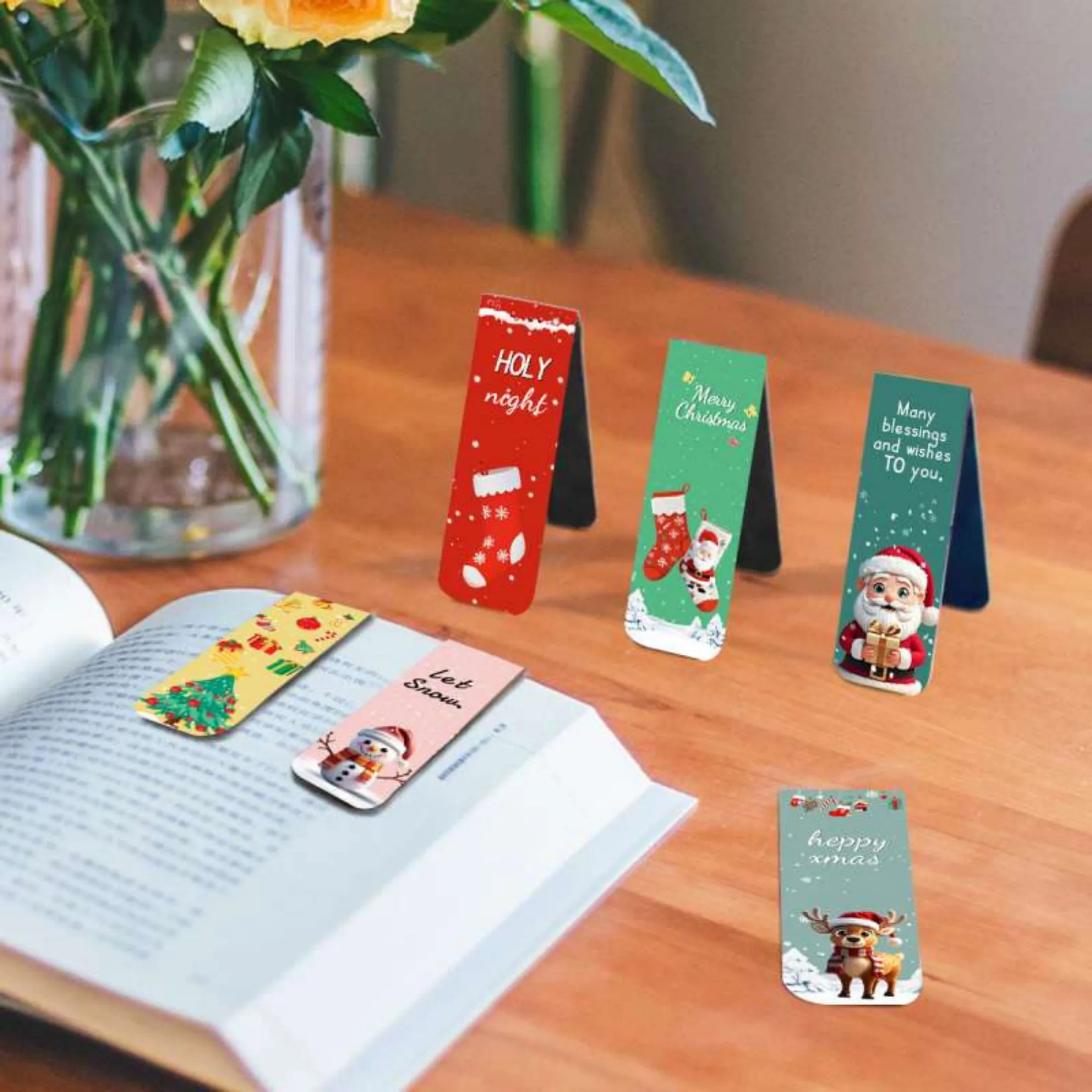 12pcs Polychrome Christmas Character Magnetic Bookmarks, Santa Claus Style, Festive Holiday Gift Tags for Students, Teachers, an