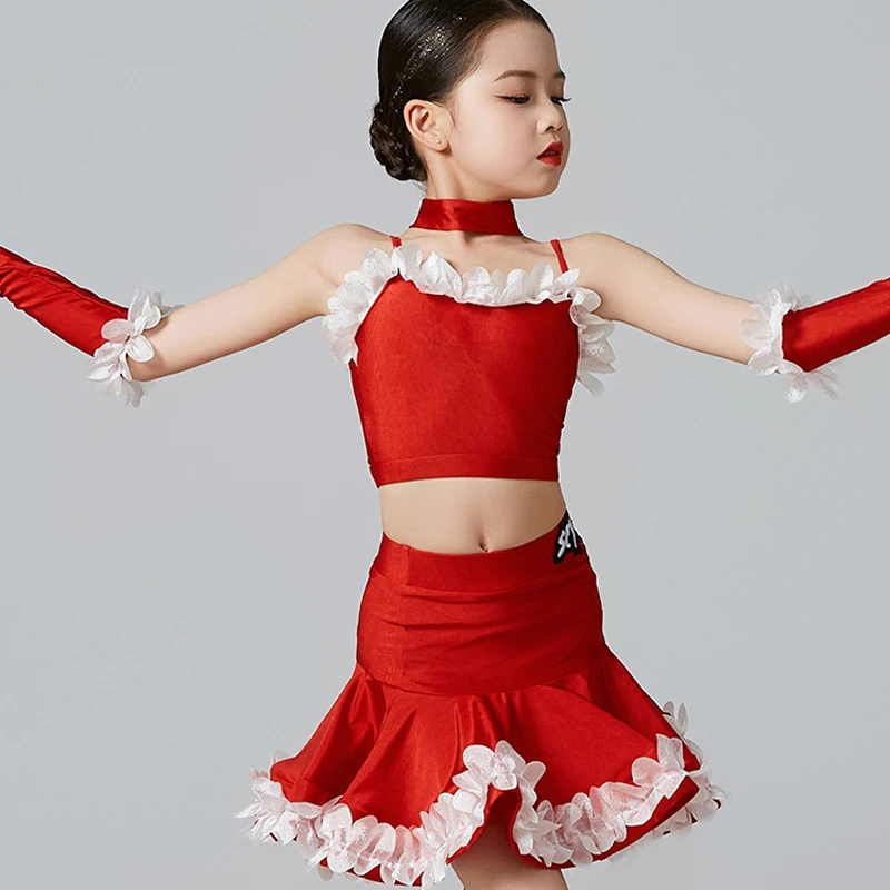 2025 verano niñas traje de baile latino rojo niño ropa de baile profesional niños Chacha Samba Rumba Salsa vestidos de baile XS7938