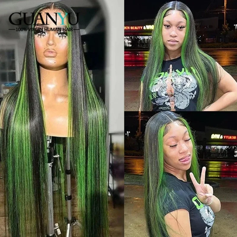 

Highlight Green Human Hair 13x4 Lace Front Wigs For Women Green with Black Color Glueless Straight Lace Closure Wig Pre Plucked