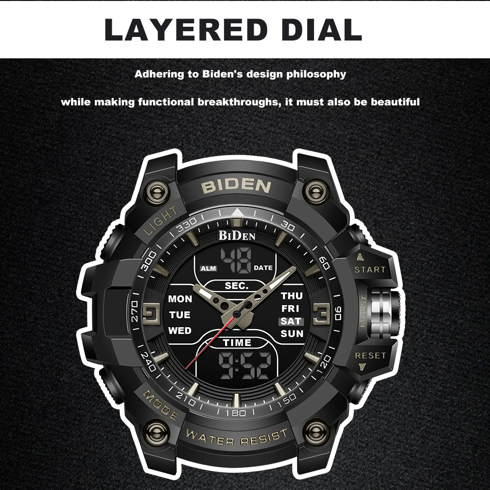 Watch Sport LED Light Alarm Clock Dual Time Display WaterproofWeek Auto Date Wristwatches Quartz