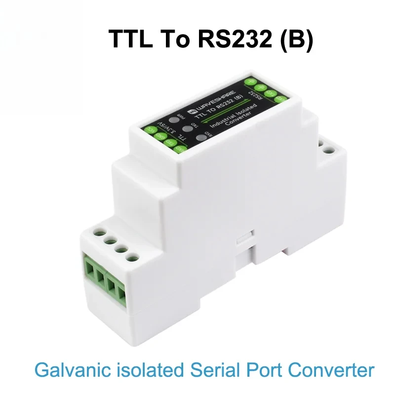 Waveshare Industrial TTL to RS232 Serial Communication Module, Full-Duplex, Bi-Directional Conversion, DIN-Rail Enclosure