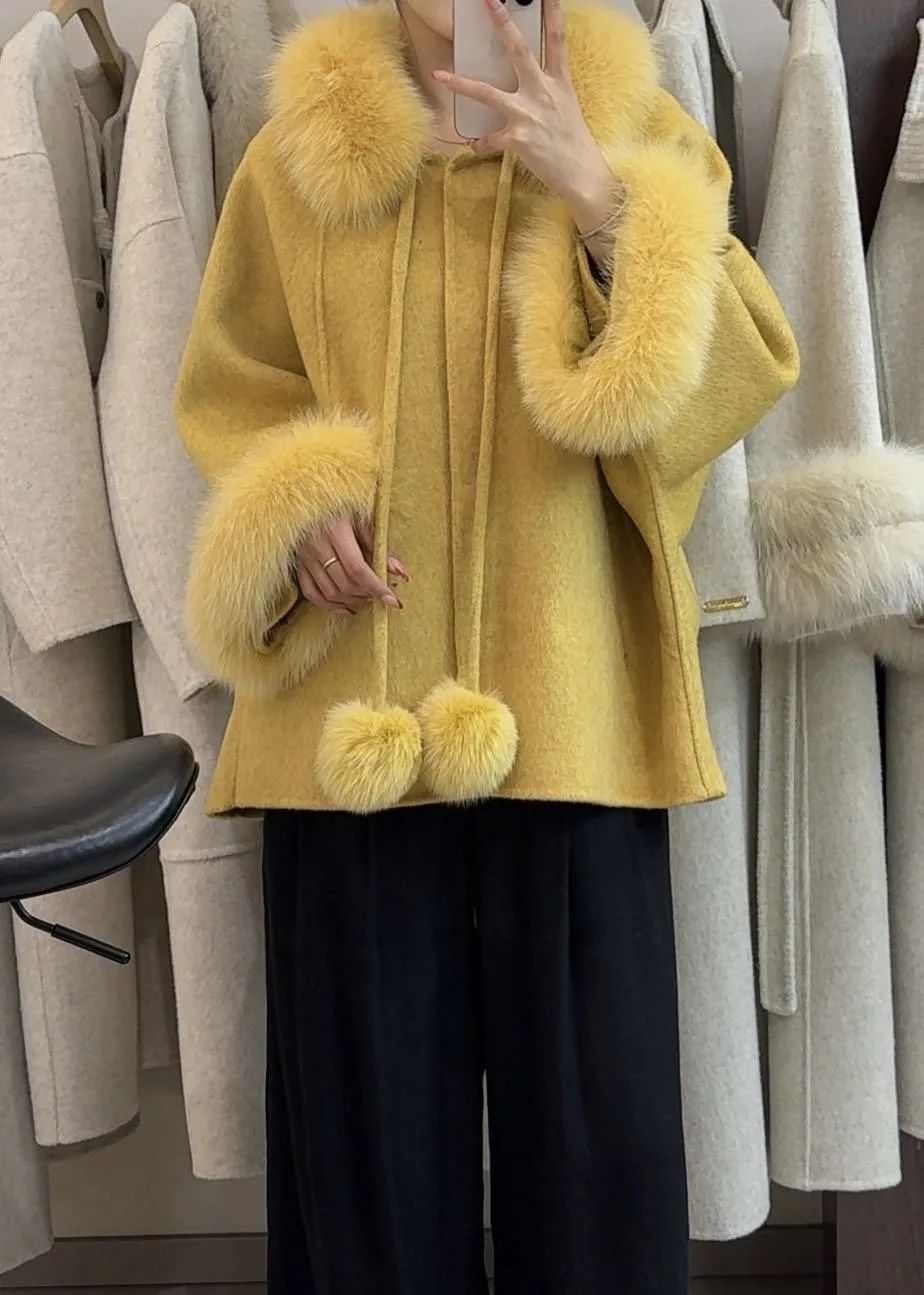 OFTBUY Women's Short Wool Coat Real Fox Fur Collar Cuffs Pom Pom Drawstring Woolen Clothing New Winter Warm Elegant Outerwear