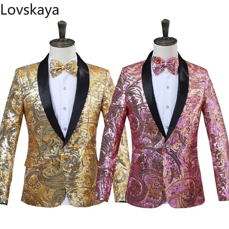 Long Sleeve Top Performance Green Collar Suit Men's Suit Jacket Fancy Sequin Costume Artist Singer