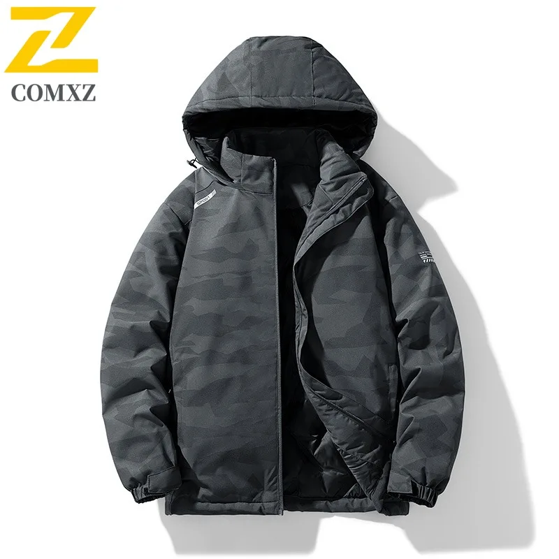 

COMXZ Men Hooded Cotton Coat 2025 Winter New Trendy Camping Cold Proof Jacket Loose Thickened Warm Outerwear Street Style