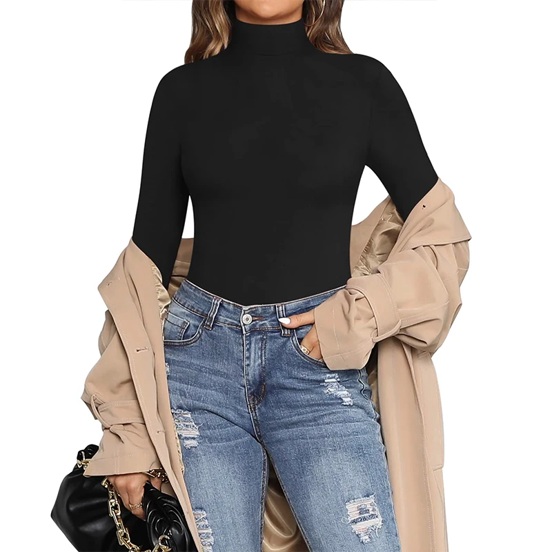 Long Sleeve Turtle Neck Tops Bodysuit Women Autumn Clothes Jumpsuit Stretchy Layer Top Black Red Slim Fit Club Overalls Playsuit