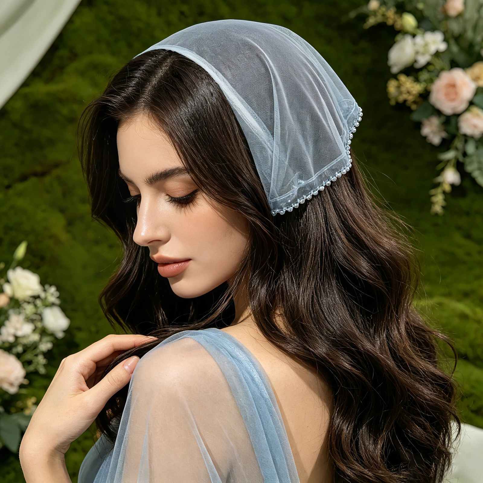 Soft Light‑Blue Tulle Triangle Head Wrap, Crystal Beaded Trim Short Veil Hair Accessory, Headpiece for Banquet & Festival SA289