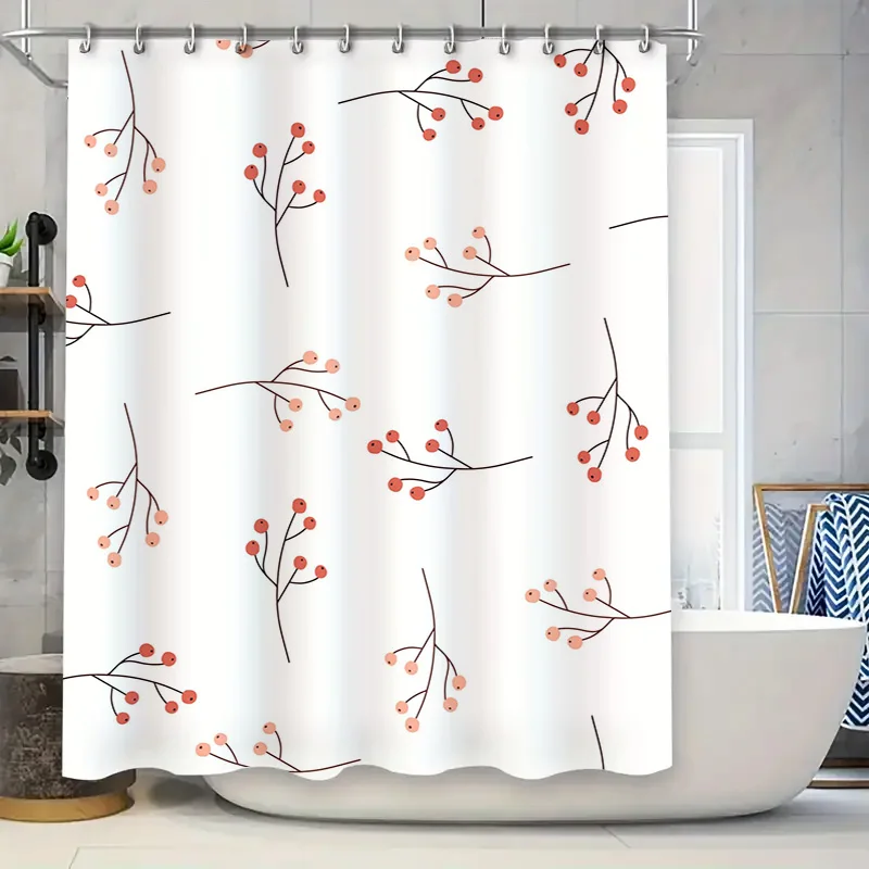 

Modern Floral Print Shower Curtain Rustic Decorative Bath Room Privacy Screen with Rings, White Flower Red Berry Design for Home