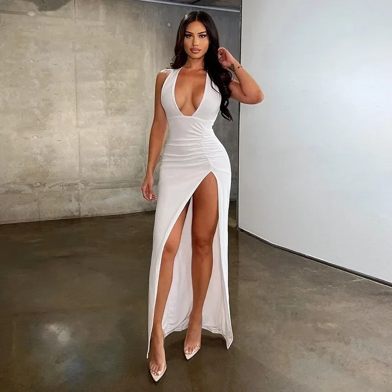 

Sexy High-Purity Color V-Neck Long Split Dress Tight Fit Knee-Length New Arrival Women's Dress Empire Waistline Sleeveless