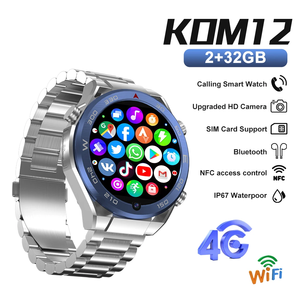 XUESEVEN KOM12 New 4G Smartwatch SIM Card 1.62-inch HD Camera Google Play Face Recognition GPS Sport For Android Men Watch Phone