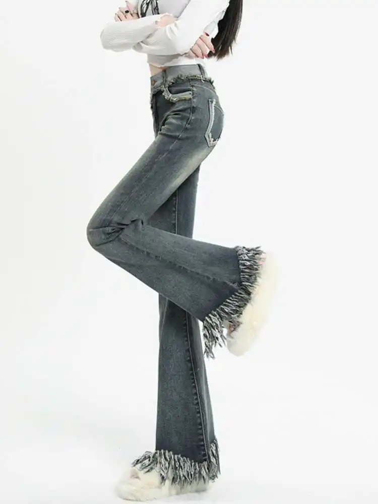 

High Waist Flared Jeans Women's Elastic Hem Vintage Slim Fit Cotton Stretch Denim Blue Ankle Length Pants Summer Fashion